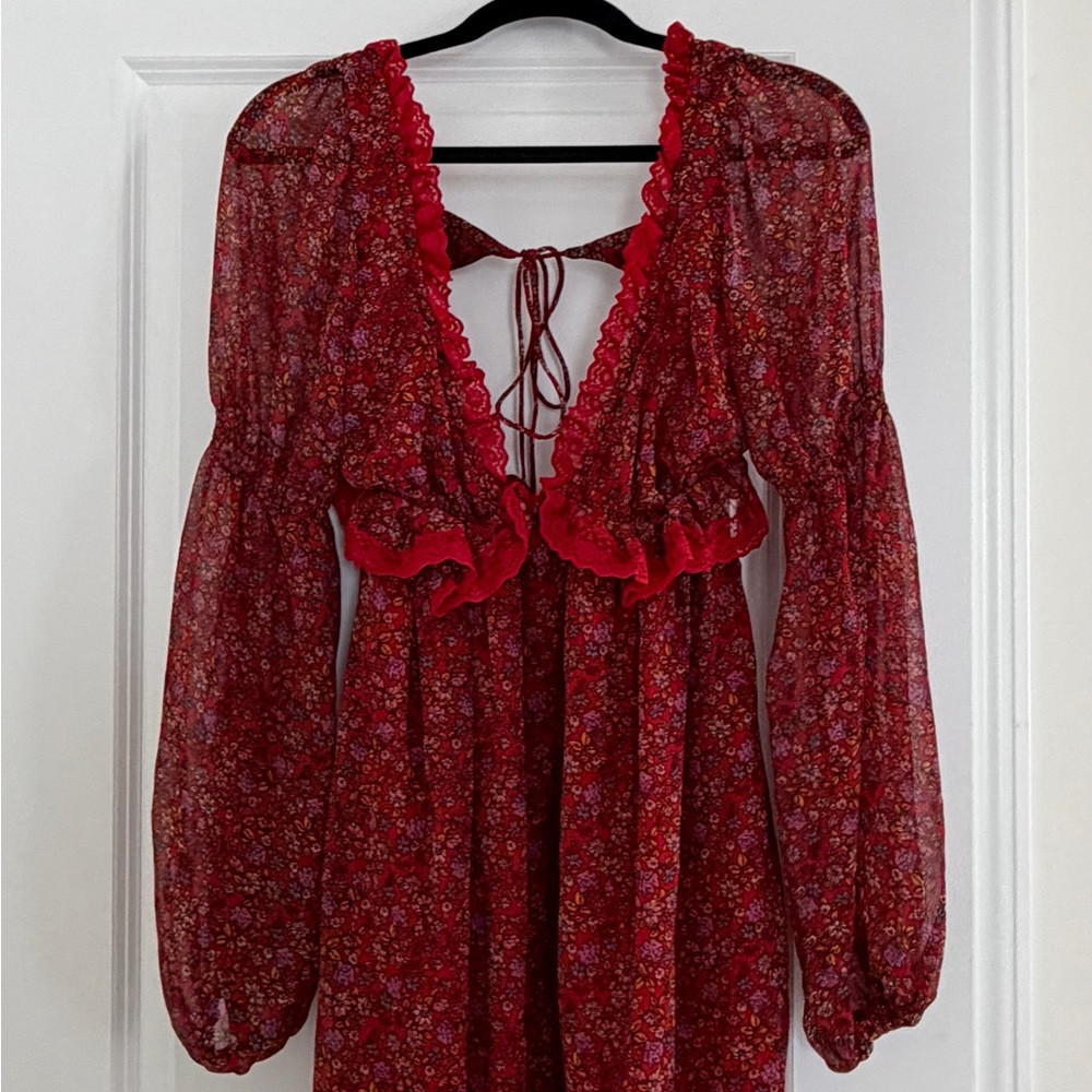 Free People Red Floral Ruffle Dress